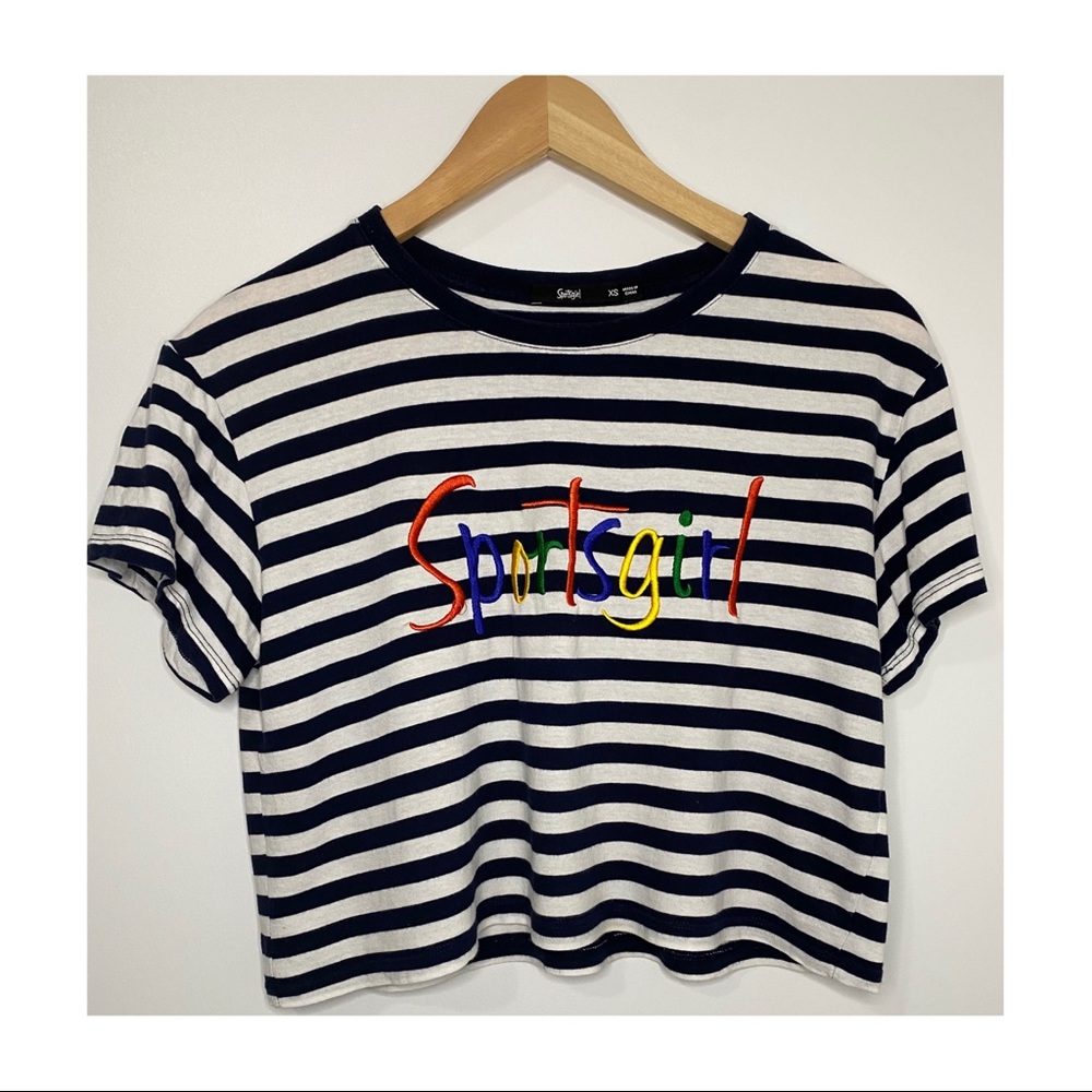 Womens Sportsgirl cropped striped t-shirt tee size XS cotton dark navy - Picture 2 of 10